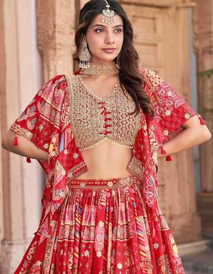 red chinon digital printed wedding lehenga set choli with dupatta 7