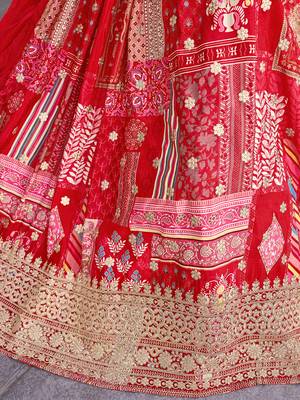 red chinon digital printed wedding lehenga set choli with dupatta 8