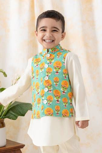 Green printed cotton  nehru jacket