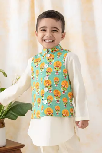 Green printed cotton  nehru jacket