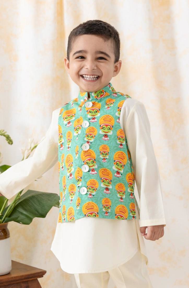 Green printed cotton  nehru jacket