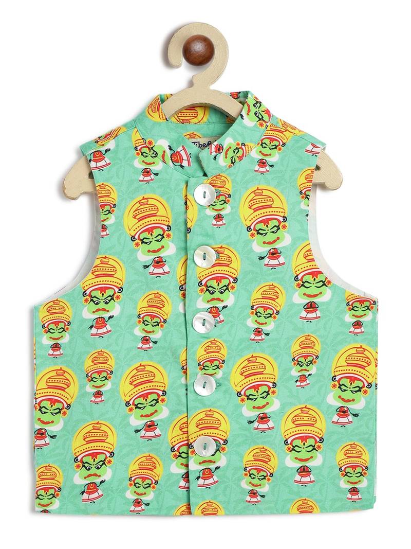 Green printed cotton  nehru jacket