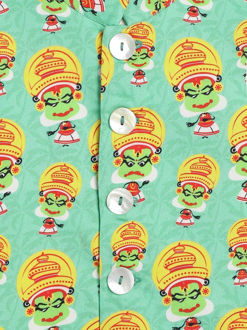 Green printed cotton  nehru jacket