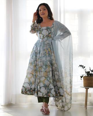 Blue Floral Printed Set     Puff Sleeve Dress with Dupatta & Pants 1