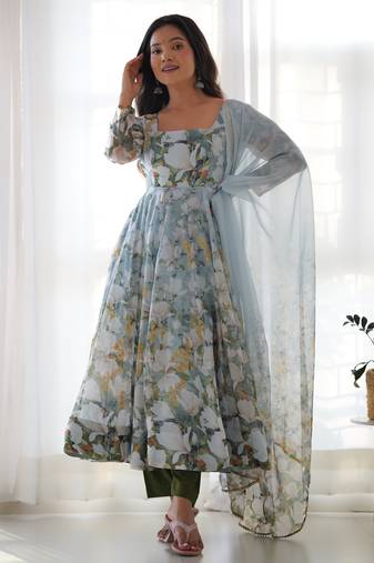 Blue Floral Printed Set – Puff Sleeve Dress with Dupatta & Pants