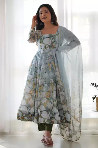 Blue Floral Printed Set – Puff Sleeve Dress with Dupatta & Pants