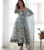 Blue Floral Printed Set     Puff Sleeve Dress with Dupatta & Pants