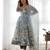 Blue Floral Printed Set     Puff Sleeve Dress with Dupatta & Pants