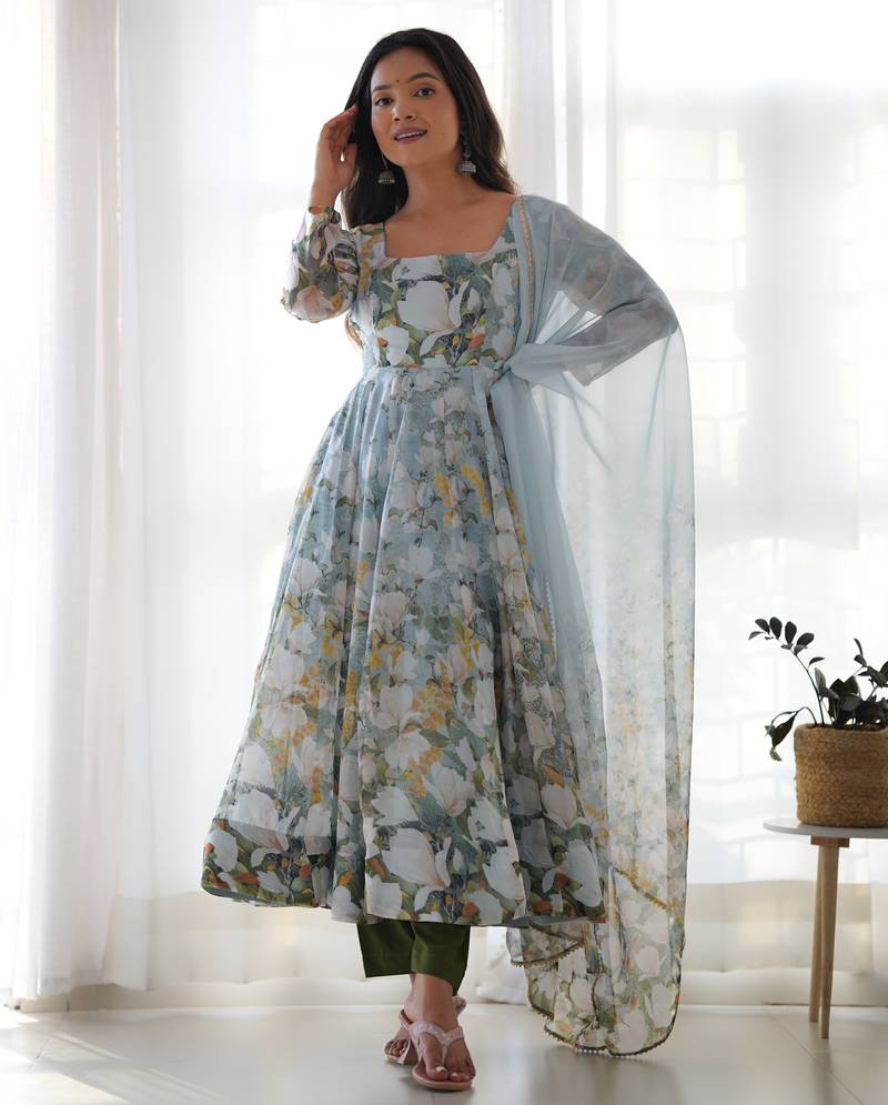 Blue Floral Printed Set     Puff Sleeve Dress with Dupatta & Pants