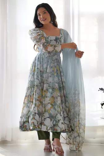 Blue Floral Printed Set     Puff Sleeve Dress with Dupatta & Pants