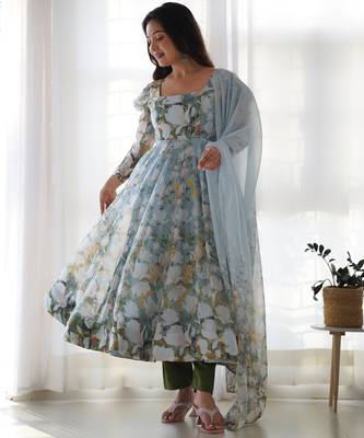 Blue Floral Printed Set     Puff Sleeve Dress with Dupatta & Pants 3