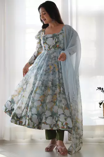 Blue Floral Printed Set     Puff Sleeve Dress with Dupatta & Pants