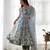 Blue Floral Printed Set     Puff Sleeve Dress with Dupatta & Pants