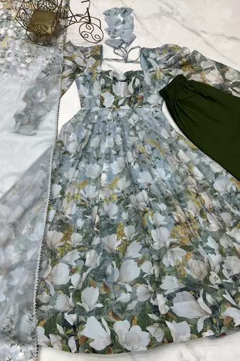 Blue Floral Printed Set     Puff Sleeve Dress with Dupatta & Pants