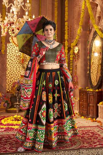BLACK PRINT FOIL work EMBROIDERED COTTON STITCHED LEHENGA CHOLI