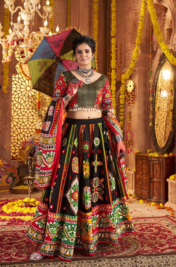 BLACK PRINT FOIL work EMBROIDERED COTTON STITCHED LEHENGA CHOLI