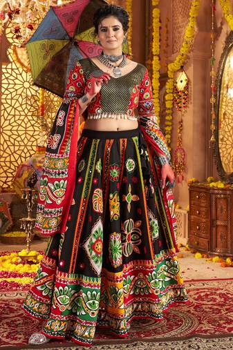 BLACK PRINT FOIL work EMBROIDERED COTTON STITCHED LEHENGA CHOLI