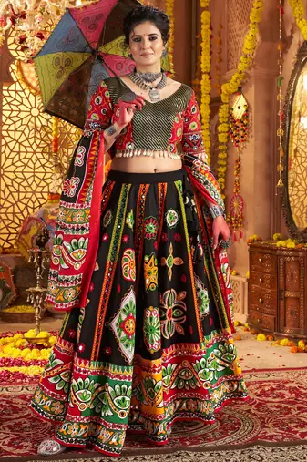 BLACK PRINT FOIL work EMBROIDERED COTTON STITCHED LEHENGA CHOLI