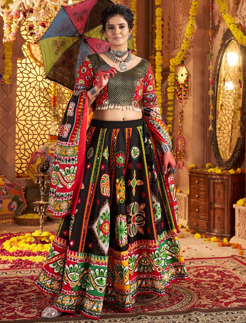 BLACK PRINT FOIL work EMBROIDERED COTTON STITCHED LEHENGA CHOLI