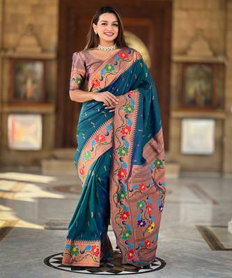 Teal blue Faux Banarasi Silk Saree With Paithani Rich Weaved Pallu And Blouse 1