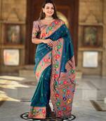 Teal blue Faux Banarasi Silk Saree With Paithani Rich Weaved Pallu And Blouse