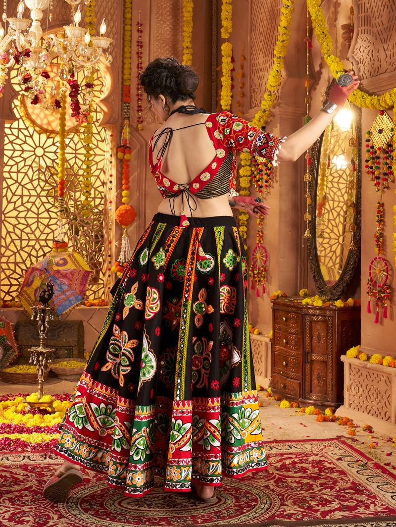 BLACK PRINT FOIL work EMBROIDERED COTTON STITCHED LEHENGA CHOLI