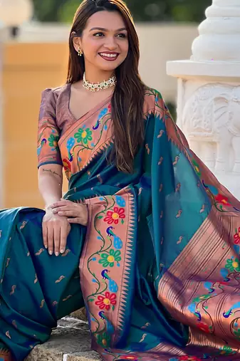 Teal blue Faux Banarasi Silk Saree With Paithani Rich Weaved Pallu And Blouse