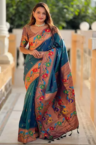 Teal blue Faux Banarasi Silk Saree With Paithani Rich Weaved Pallu And Blouse