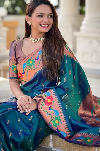 Teal blue Faux Banarasi Silk Saree With Paithani Rich Weaved Pallu And Blouse
