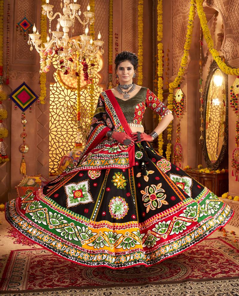 BLACK PRINT FOIL work EMBROIDERED COTTON STITCHED LEHENGA CHOLI