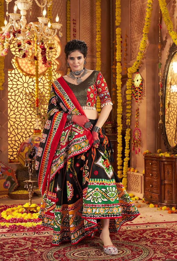BLACK PRINT FOIL work EMBROIDERED COTTON STITCHED LEHENGA CHOLI
