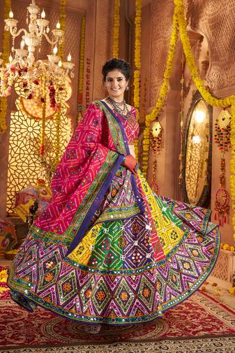 MULTICOLOR PRINT FOIL work EMBROIDERED COTTON STITCHED LEHENGA CHOLI