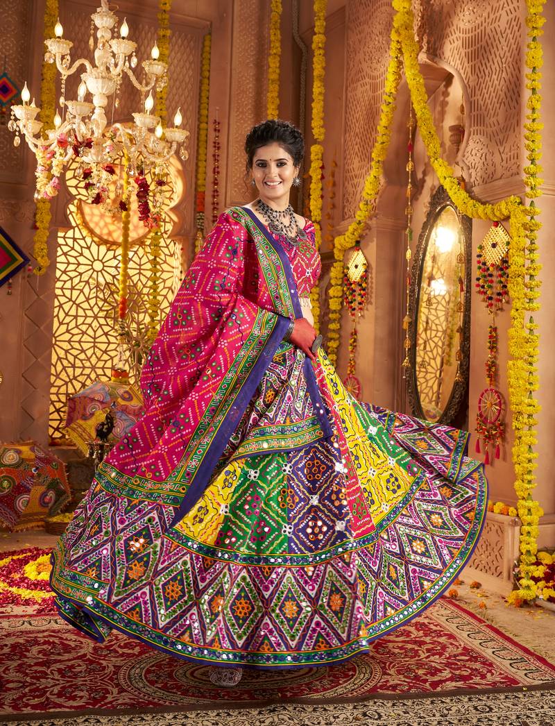 MULTICOLOR PRINT FOIL work EMBROIDERED COTTON STITCHED LEHENGA CHOLI