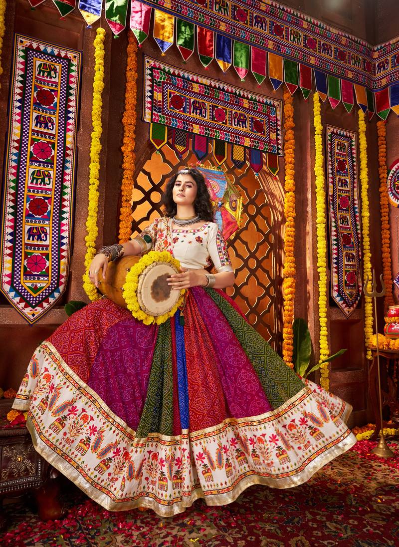 MULTICOLOR MIRROR WORK EMBROIDERED printed GEORGETTE STITCHED LEHENGA CHOLI