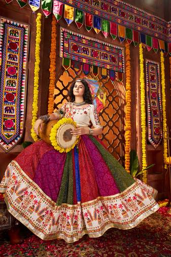 MULTICOLOR MIRROR WORK EMBROIDERED printed GEORGETTE STITCHED LEHENGA CHOLI