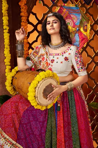 MULTICOLOR MIRROR WORK EMBROIDERED printed GEORGETTE STITCHED LEHENGA CHOLI