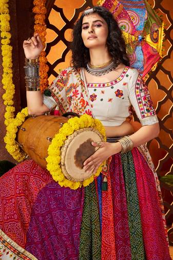 MULTICOLOR MIRROR WORK EMBROIDERED printed GEORGETTE STITCHED LEHENGA CHOLI