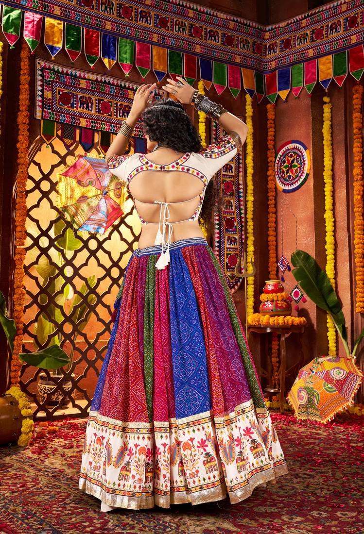 MULTICOLOR MIRROR WORK EMBROIDERED printed GEORGETTE STITCHED LEHENGA CHOLI