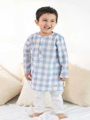 Blue plain cotton  kurta pyjama 1