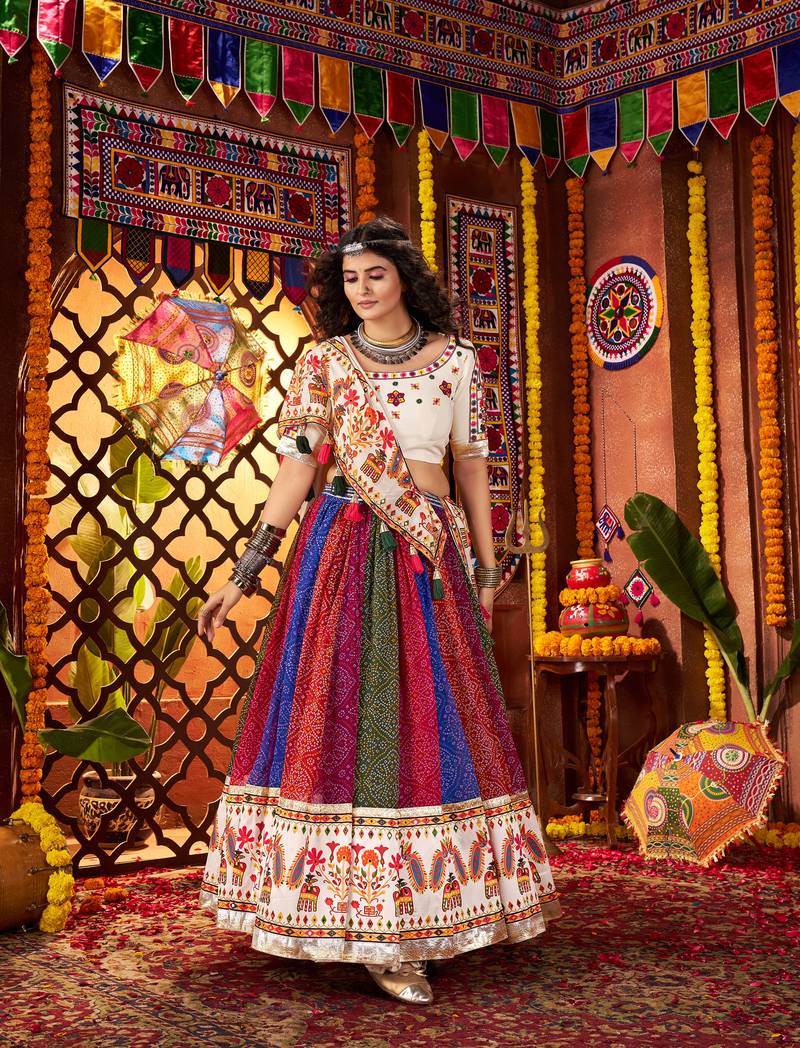MULTICOLOR MIRROR WORK EMBROIDERED printed GEORGETTE STITCHED LEHENGA CHOLI