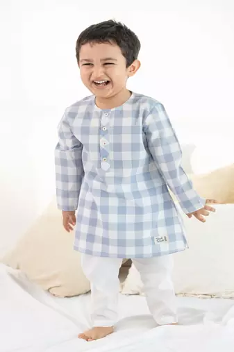 Blue plain cotton  kurta pyjama