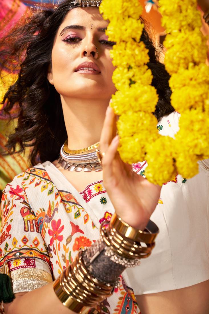 MULTICOLOR MIRROR WORK EMBROIDERED printed GEORGETTE STITCHED LEHENGA CHOLI