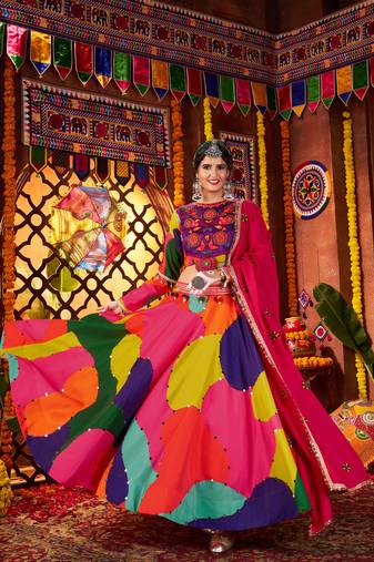 MULTICOLOR MIRROR WORK EMBROIDERED printed MASLIN STITCHED LEHENGA CHOLI