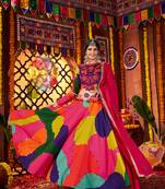 MULTICOLOR MIRROR WORK EMBROIDERED printed MASLIN STITCHED LEHENGA CHOLI