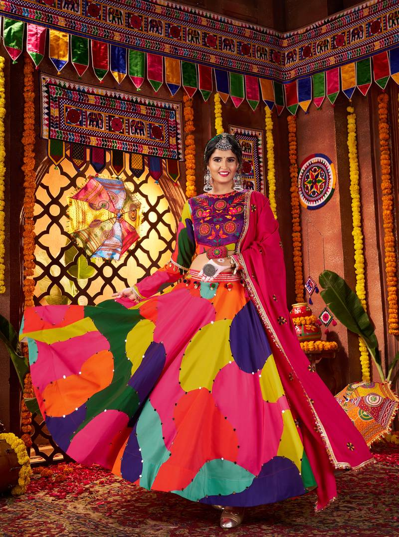 MULTICOLOR MIRROR WORK EMBROIDERED printed MASLIN STITCHED LEHENGA CHOLI