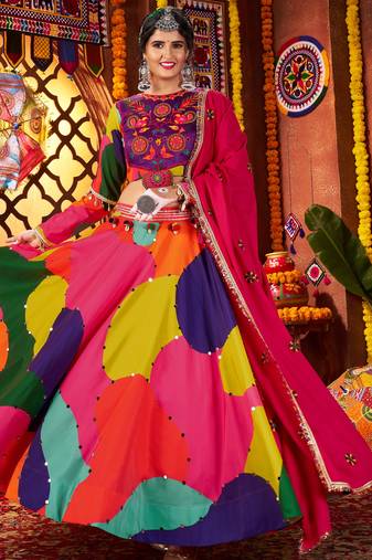 MULTICOLOR MIRROR WORK EMBROIDERED printed MASLIN STITCHED LEHENGA CHOLI