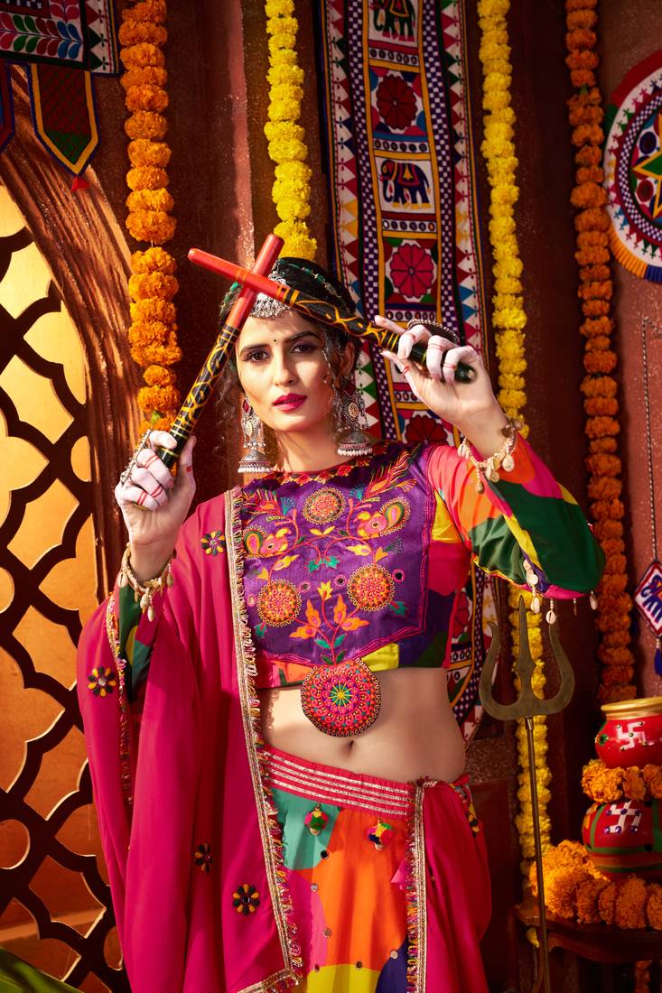 MULTICOLOR MIRROR WORK EMBROIDERED printed MASLIN STITCHED LEHENGA CHOLI