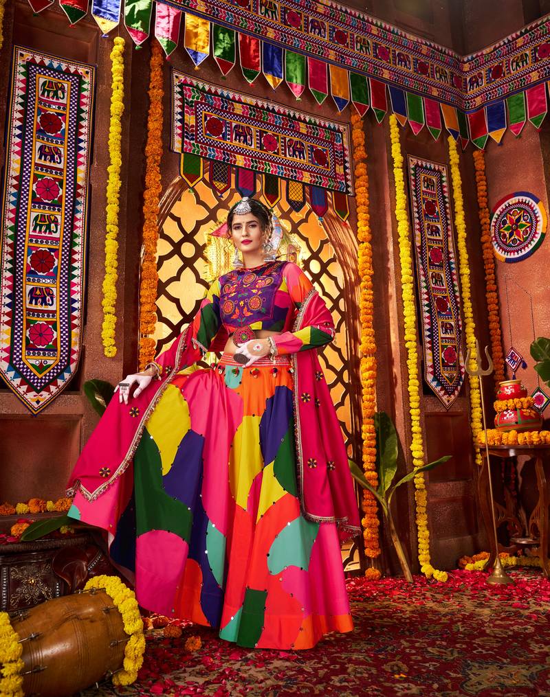 MULTICOLOR MIRROR WORK EMBROIDERED printed MASLIN STITCHED LEHENGA CHOLI