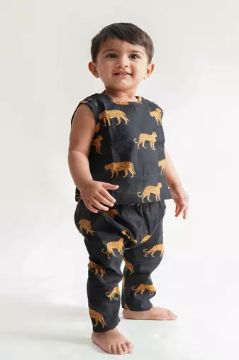 Black printed cotton  kurta pyjama