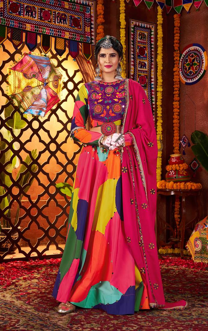 MULTICOLOR MIRROR WORK EMBROIDERED printed MASLIN STITCHED LEHENGA CHOLI